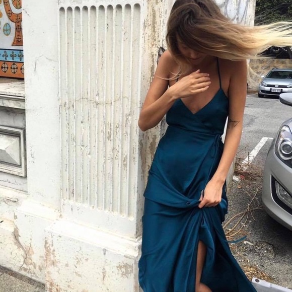 Dyspnea Late Night Teal Silk Wrap Dress - Picture 3 of 3